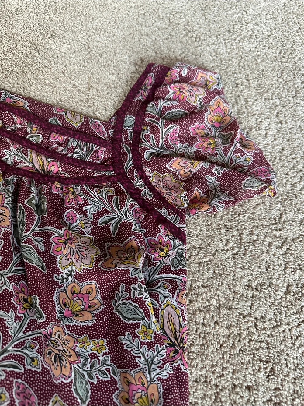 LOFT Burgundy Floral Square-Neck Puff Sleeve Blouse